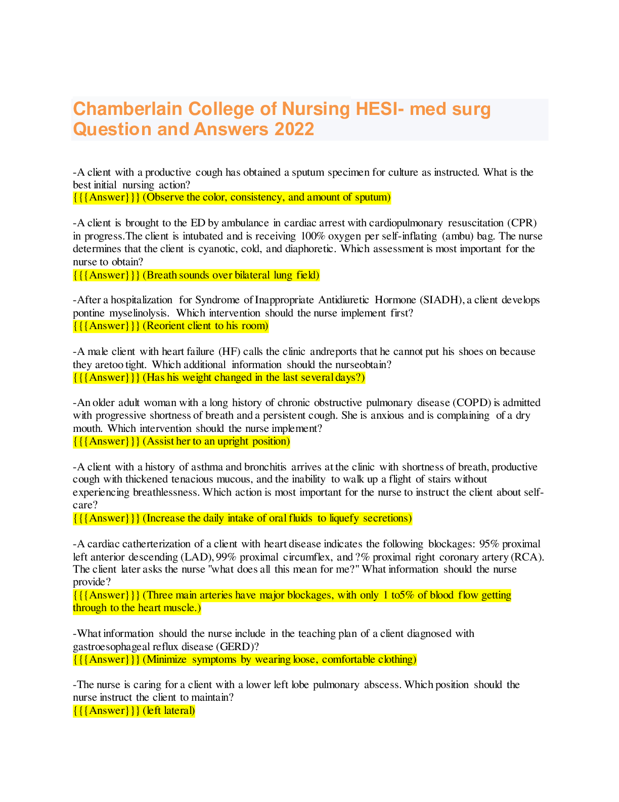 Preview of Chamberlain College of Nursing HESI- med surg Question and Answers 2022